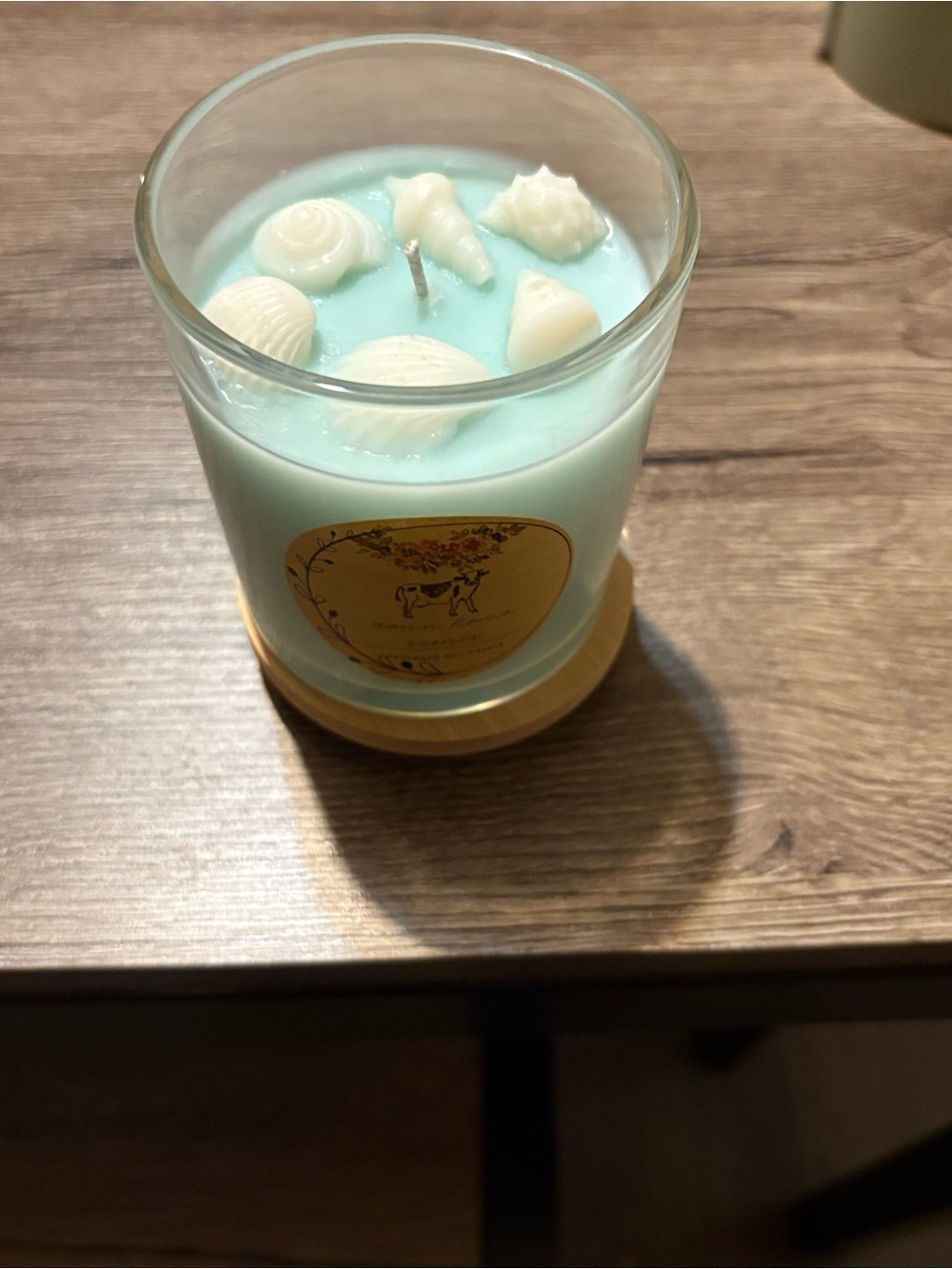 Handmade soy wax candle sea mineral scented with sea shells on top